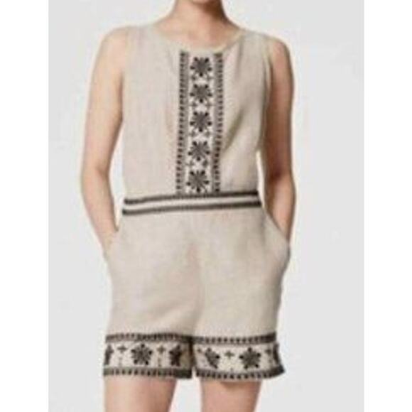 LOFT Linen Sleeveless Embroidered Romper Tan Beige Black 2 Petite - Picture 1 of 9